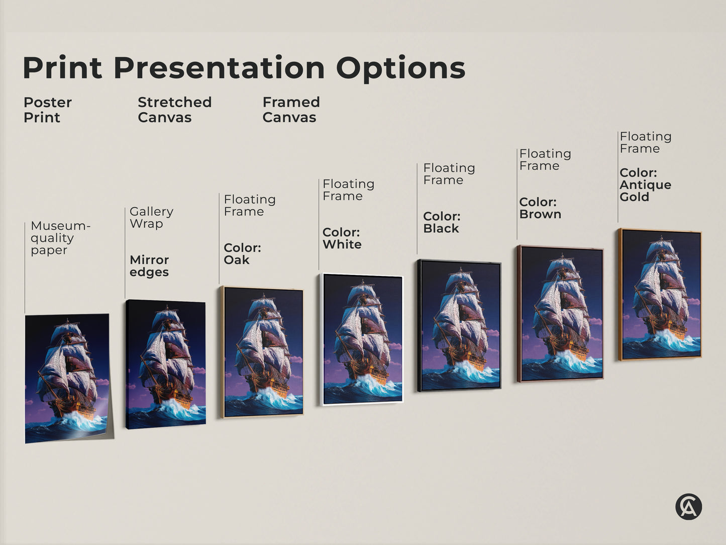 Print presentation options for nautical wall art. Choose from poster print stretched canvas or framed canvas. Select a floating frame in oak white black brown or antique gold. Find the perfect tall ship canvas art for your home.