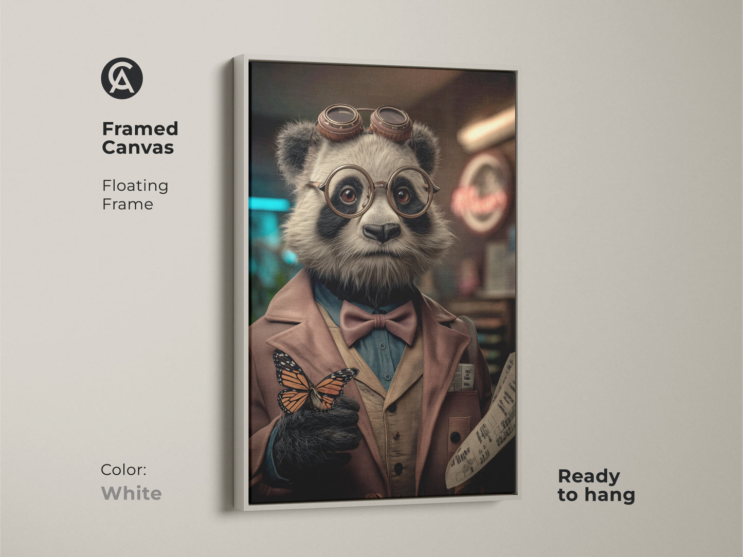 Print presentation options featuring the Steampunk Panda surreal animal art. Available as a poster print stretched canvas and framed canvas. Each format enhances this unique wall artwork ideal for eclectic home or office decor.