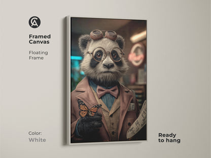 Print presentation options featuring the Steampunk Panda surreal animal art. Available as a poster print stretched canvas and framed canvas. Each format enhances this unique wall artwork ideal for eclectic home or office decor.