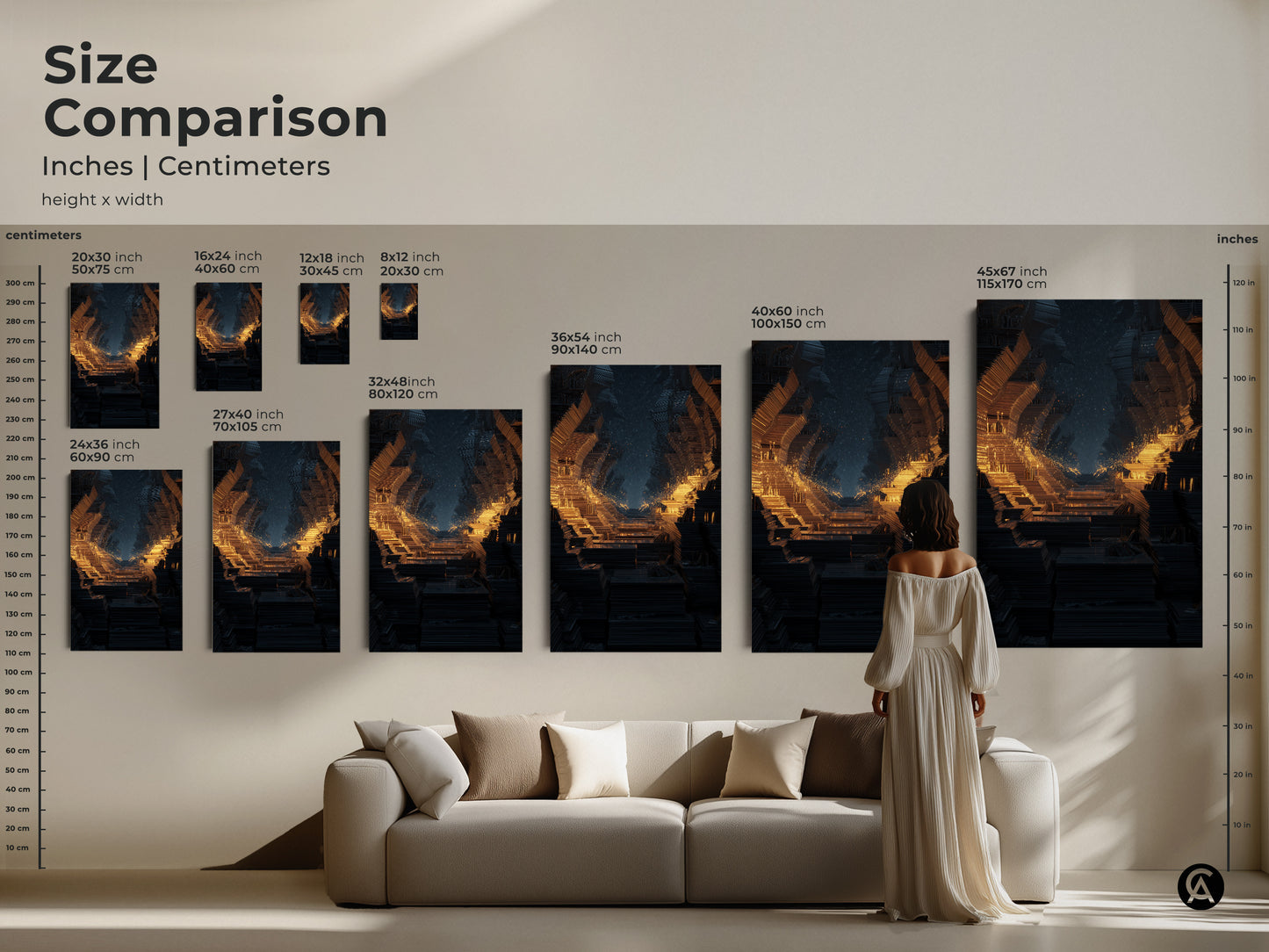 Size comparison of abstract fractal tunnel art in inches and centimeters. See how the canvas or poster looks above a sofa. Find the perfect fit for your space with this futuristic artwork.