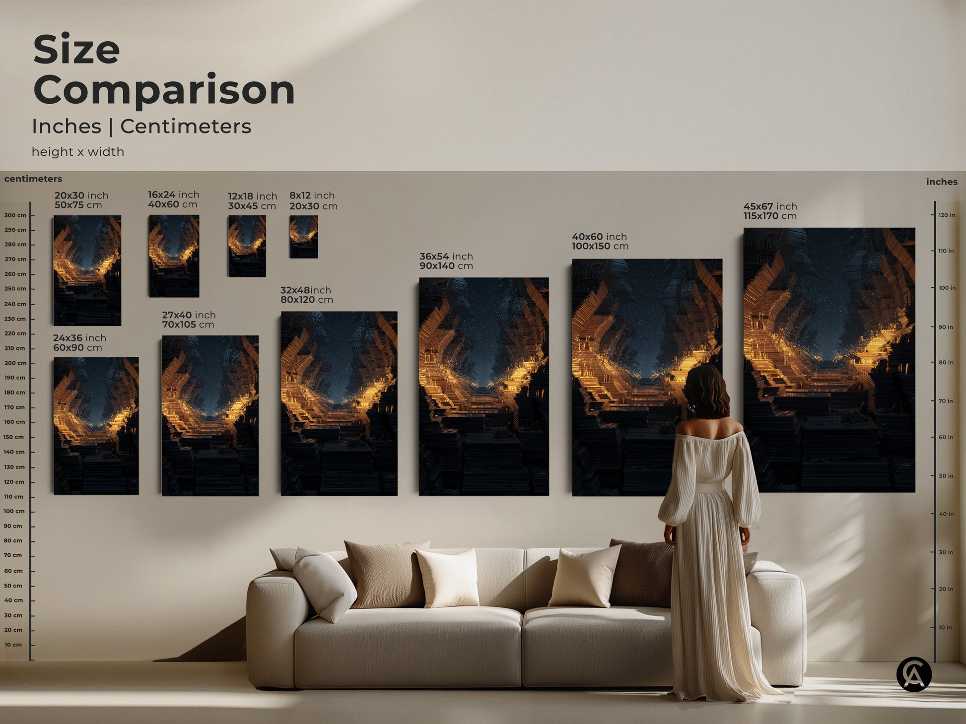 Size comparison of abstract fractal tunnel art in inches and centimeters. See how the canvas or poster looks above a sofa. Find the perfect fit for your space with this futuristic artwork.