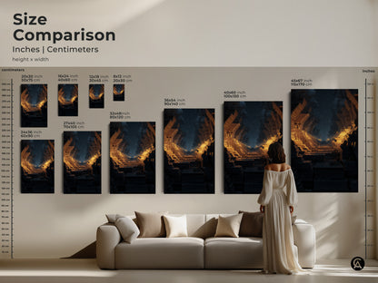 Size comparison of abstract fractal tunnel art in inches and centimeters. See how the canvas or poster looks above a sofa. Find the perfect fit for your space with this futuristic artwork.