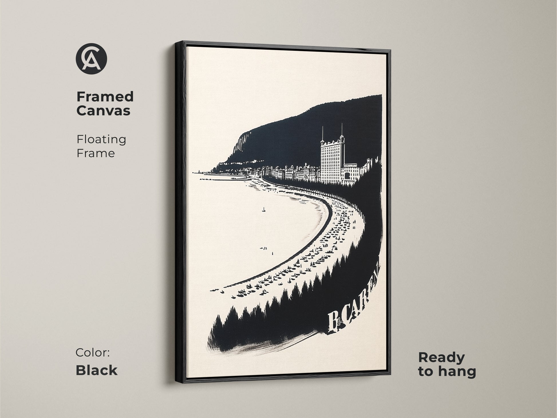 Framed canvas of a vintage coastal town. This minimalist black art is ready to hang. Features a floating frame. Monochrome seaside town is a neutral beach artwork print.