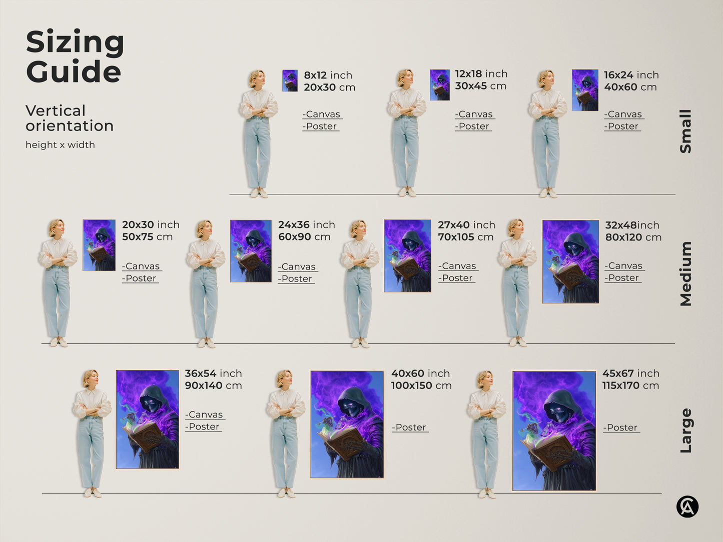 Sizing guide for vertical skeleton wizard art. Available in small medium and large sizes. Perfect as gothic halloween decor or as a gift for a fantasy lover. Elevate your space with this unique artwork.