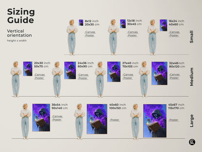 Sizing guide for vertical skeleton wizard art. Available in small medium and large sizes. Perfect as gothic halloween decor or as a gift for a fantasy lover. Elevate your space with this unique artwork.