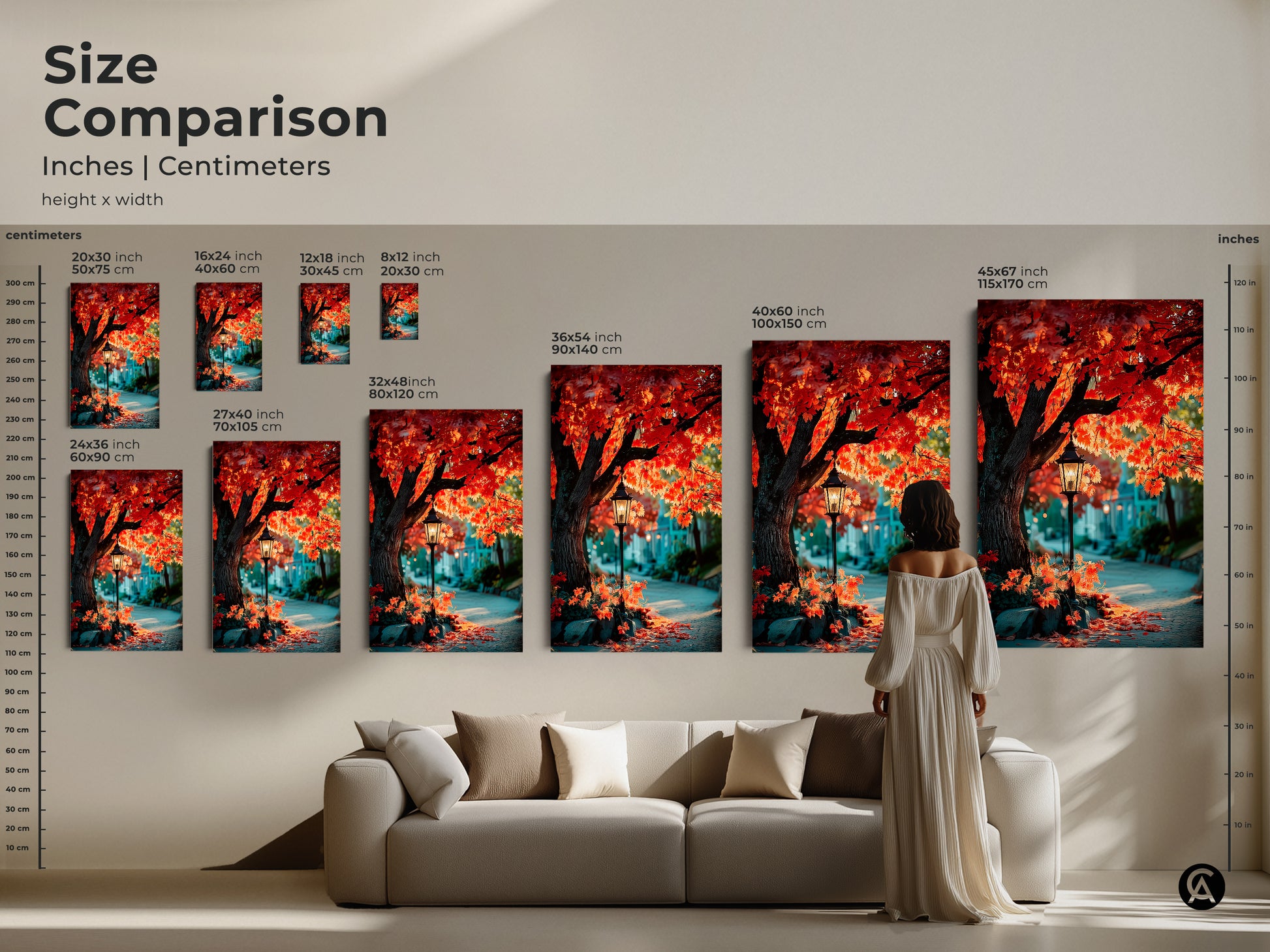Compare sizes and envision this autumn street scene artwork in your home. See how the red maple tree and street lamp art fits above your sofa. Choose from various sizes in inches and centimeters. Find the perfect dimensions for your canvas or poster print.