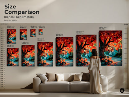 Compare sizes and envision this autumn street scene artwork in your home. See how the red maple tree and street lamp art fits above your sofa. Choose from various sizes in inches and centimeters. Find the perfect dimensions for your canvas or poster print.