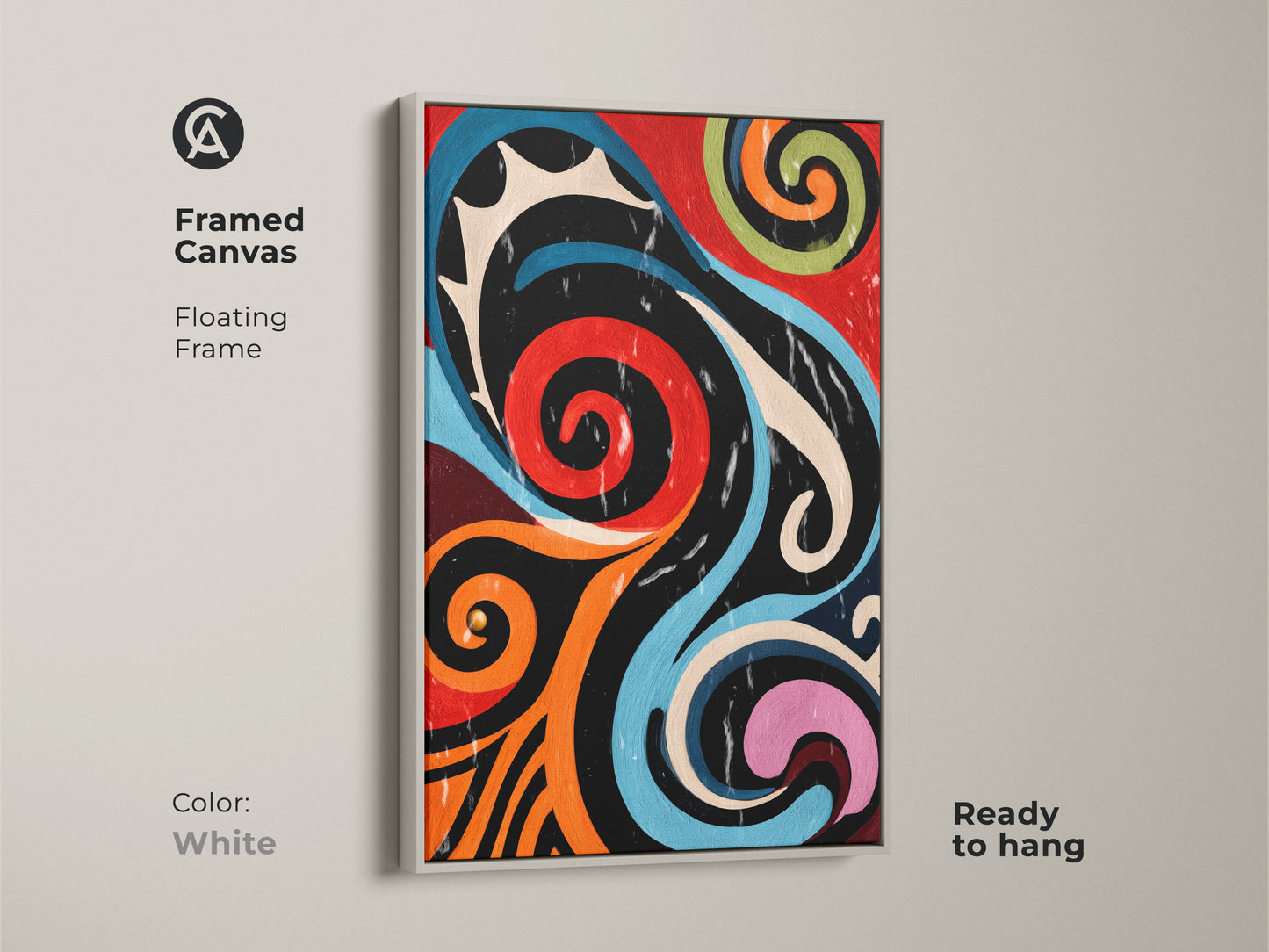 The white framed canvas displays a colorful abstract artwork print. The retro swirls showcase mid-century modern geometric art. Ready to hang the print adds an eclectic touch. This piece is perfect for living room and office decor. Consider it as a vibrant and stylish statement piece.