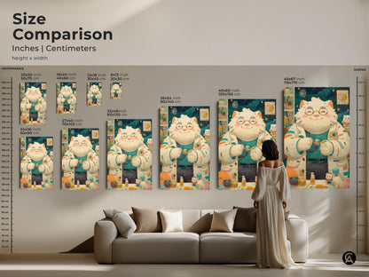Size comparison of the cat doctor artwork prints. Inches and centimeters are displayed for various sizes. A woman stands beside the artwork for scale. Choose the ideal size to enhance your living room or any space.