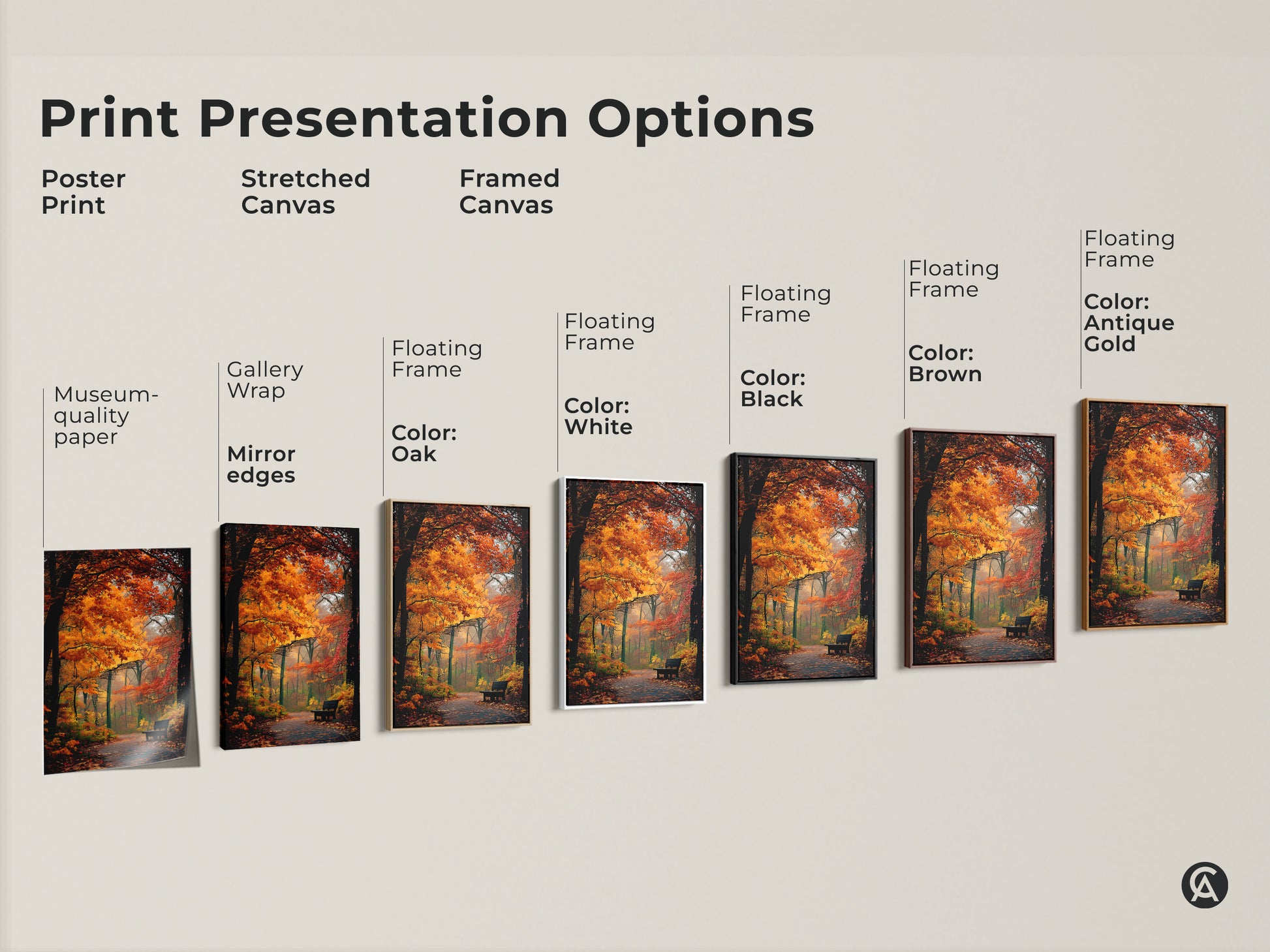 Explore print presentation options for autumn forest art. Choose from poster prints stretched canvas and framed canvas. Select a floating frame color in oak white black brown or antique gold.