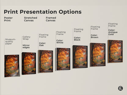 Explore print presentation options for autumn forest art. Choose from poster prints stretched canvas and framed canvas. Select a floating frame color in oak white black brown or antique gold.