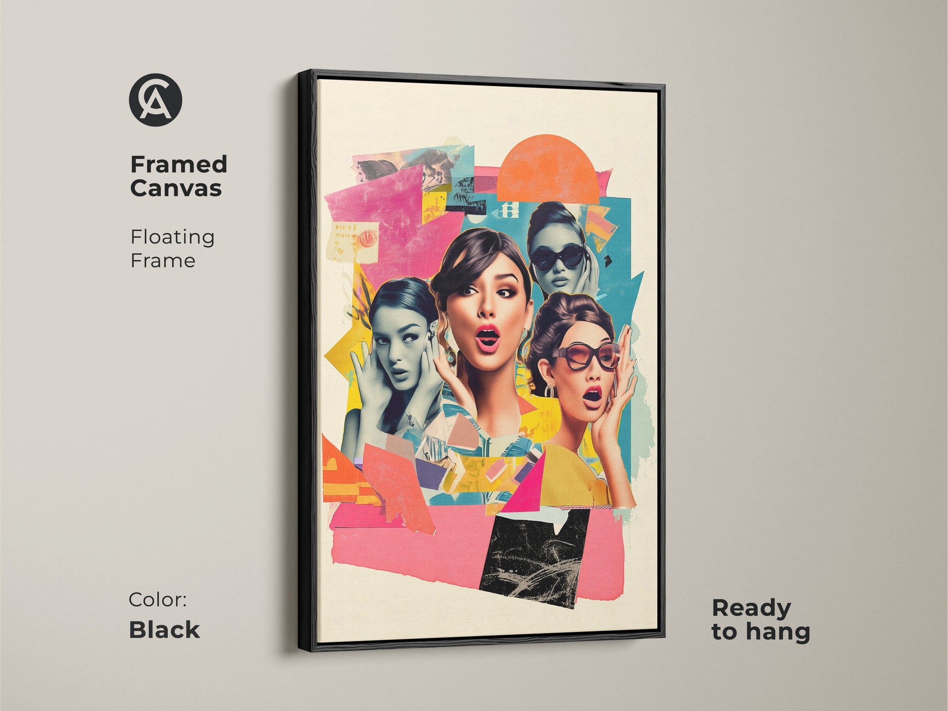 Framed canvas with a black floating frame showcasing retro pop art. It features surprised women in a vibrant collage. Ready to hang this eclectic home decor art is a chic fashion artwork.
