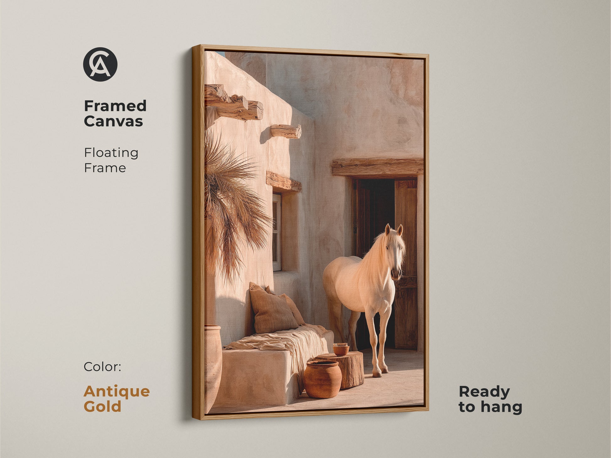 Antique gold framed canvas art featuring a white horse in a desert scene. This equestrian wall hanging adds a touch of elegance. The warm earth tones create a cozy atmosphere. Ideal for boho and minimalist interiors. A unique housewarming gift idea.