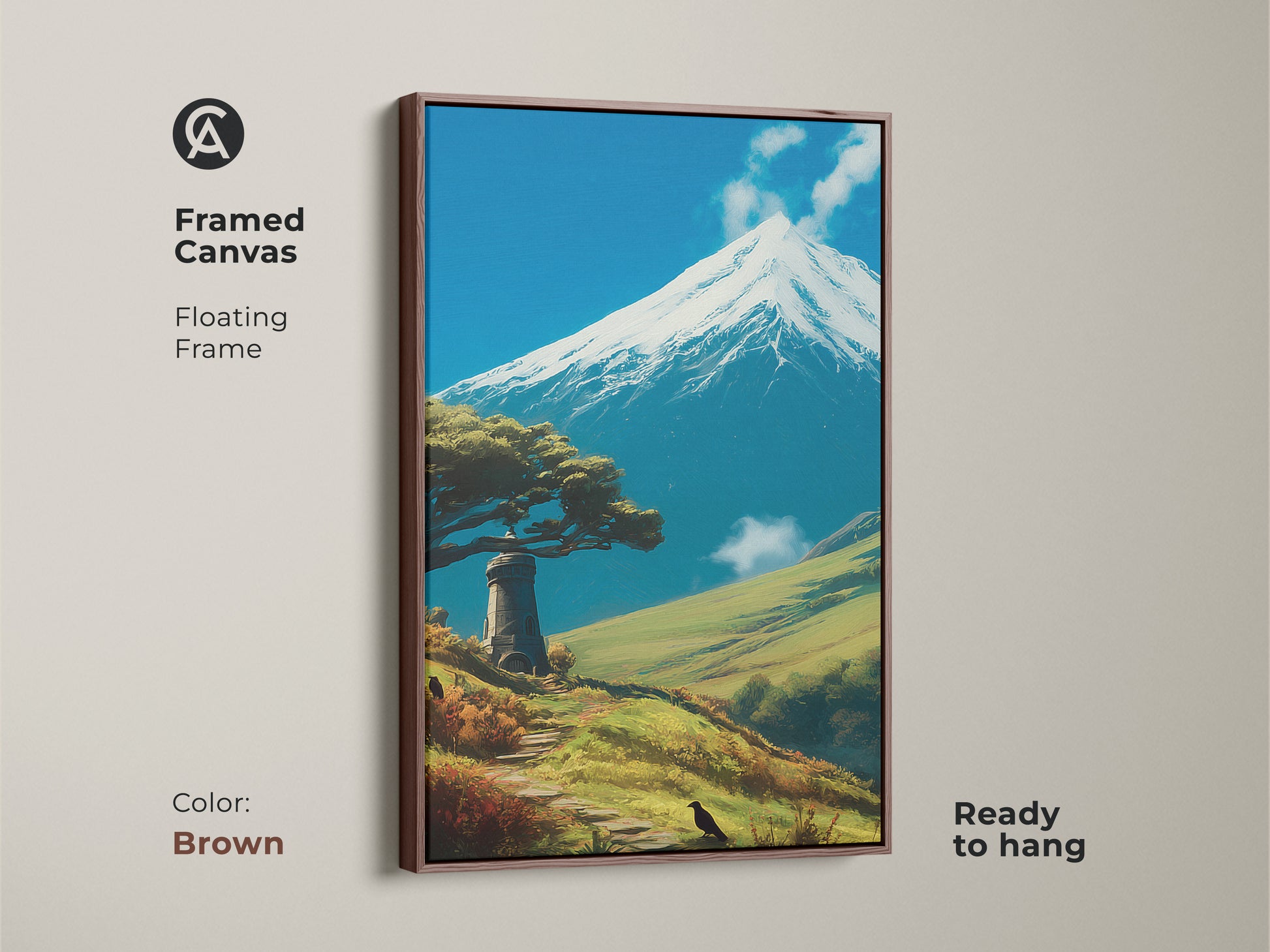 Brown framed canvas featuring a mountain and lighthouse. This scenic landscape provides serene artwork for any room. The blue and green tones create a calming effect. Ideal as a housewarming gift. Perfect for travel enthusiasts.