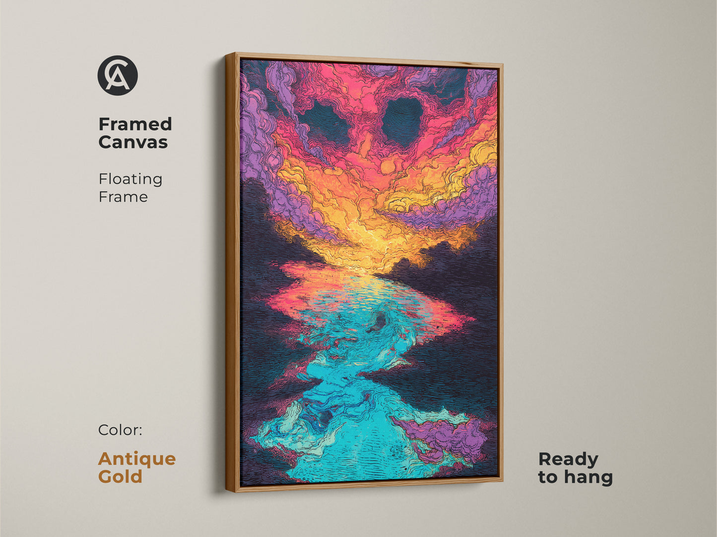 Framed canvas art presenting an abstract sunset over water. The canvas has a floating antique gold frame and arrives ready to hang. The colorful artwork shows pink orange and blue shades.