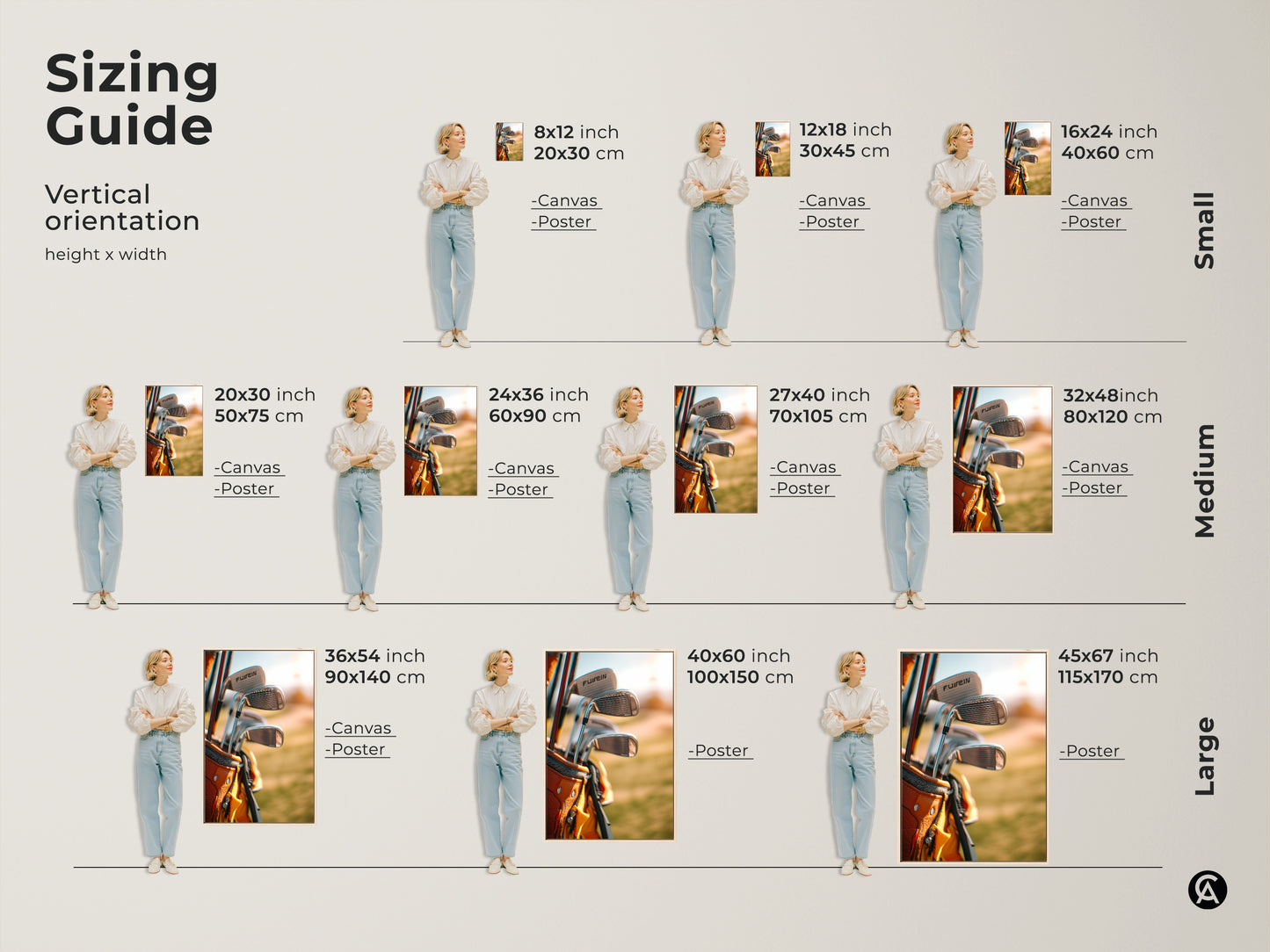Sizing guide for vertical golf artwork. Available in canvas and poster prints. Find the perfect size for your space. Small medium and large sizes available. Transform your home with golf art today