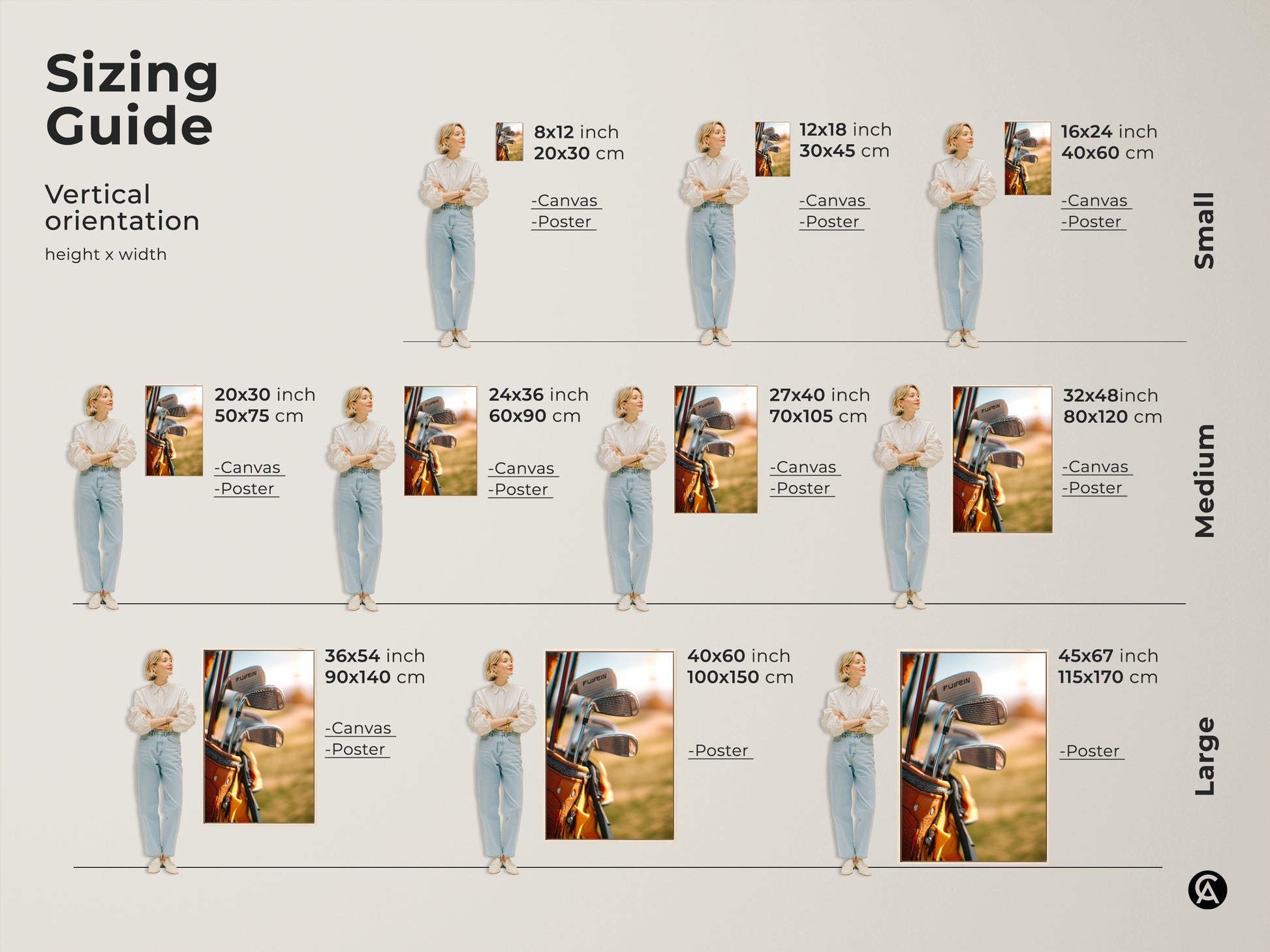 Sizing guide for vertical golf artwork. Available in canvas and poster prints. Find the perfect size for your space. Small medium and large sizes available. Transform your home with golf art today