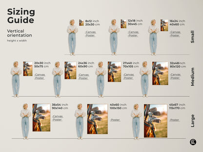 Sizing guide for vertical golf artwork. Available in canvas and poster prints. Find the perfect size for your space. Small medium and large sizes available. Transform your home with golf art today