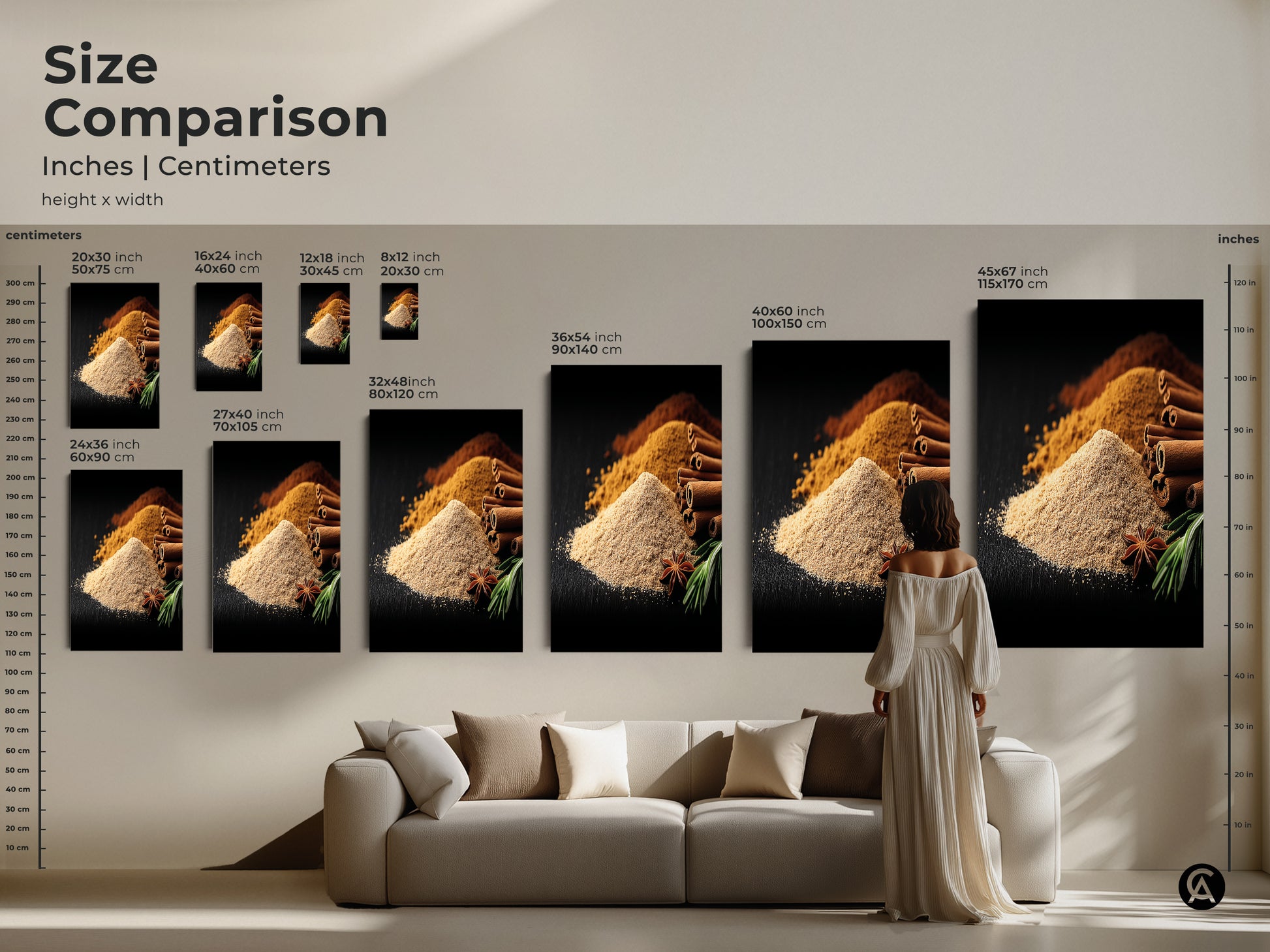 Size comparison of Spice Art Prints. The image shows various sizes to fit different spaces. The cinnamon sticks star anise and spice artwork creates a warm inviting atmosphere. Find the perfect fit for your modern farmhouse decor. Tan and brown tones enhance any kitchen or dining area. A great gift for bakers.