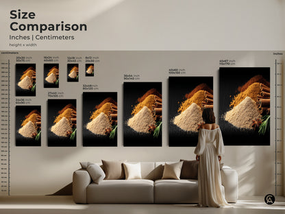 Size comparison of Spice Art Prints. The image shows various sizes to fit different spaces. The cinnamon sticks star anise and spice artwork creates a warm inviting atmosphere. Find the perfect fit for your modern farmhouse decor. Tan and brown tones enhance any kitchen or dining area. A great gift for bakers.