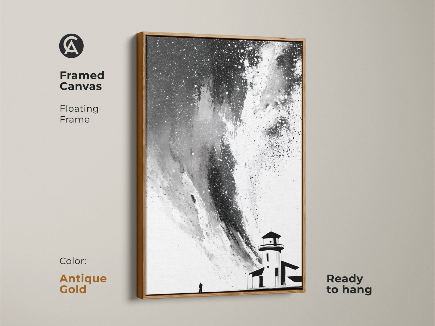 Framed canvas featuring black white abstract lighthouse art. Floating frame in antique gold offers a touch of elegance. Ready to hang this minimalist starry sky canvas adds style. It is ideal for home office abstract decor.