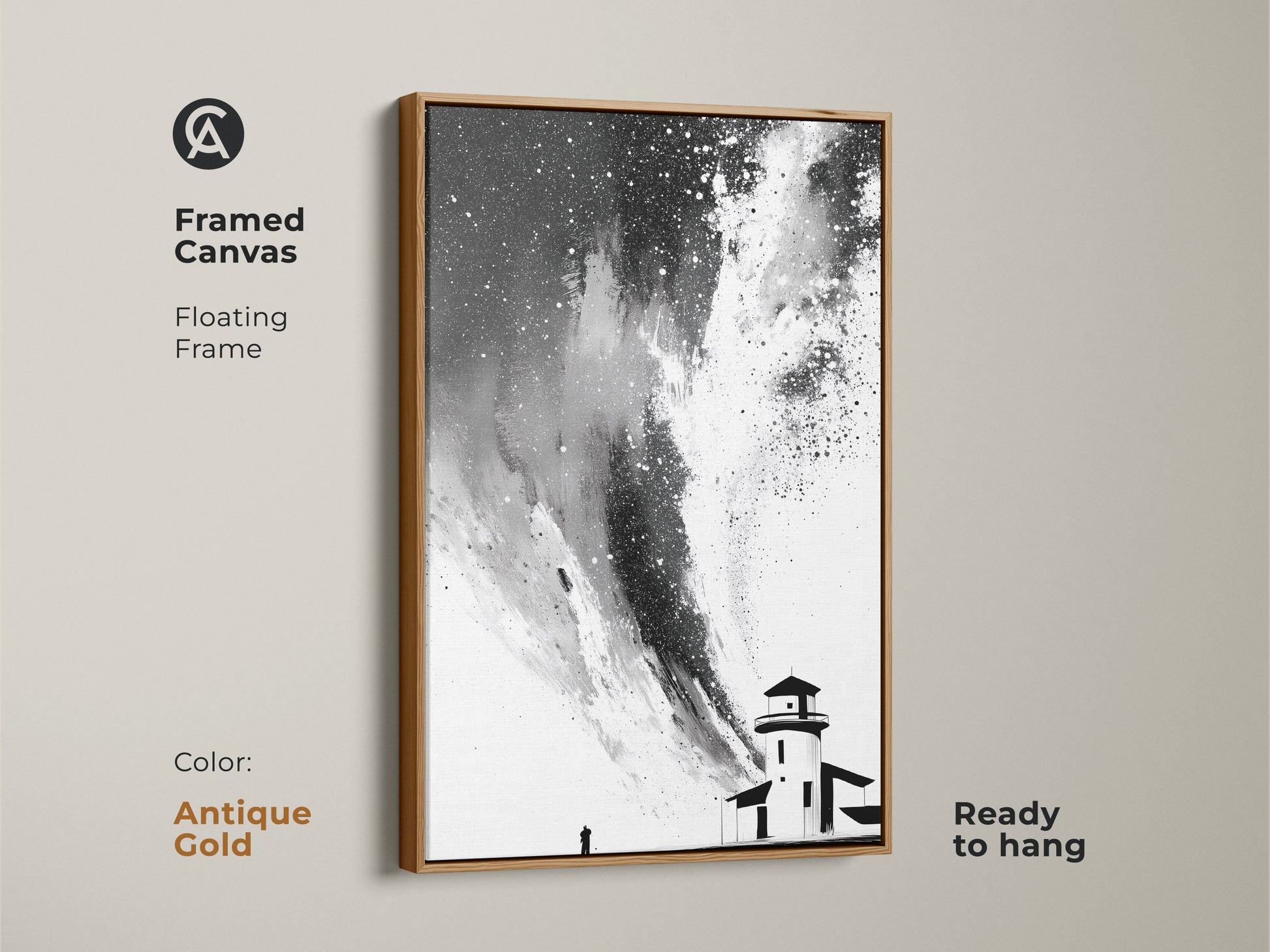 Framed canvas featuring black white abstract lighthouse art. Floating frame in antique gold offers a touch of elegance. Ready to hang this minimalist starry sky canvas adds style. It is ideal for home office abstract decor.