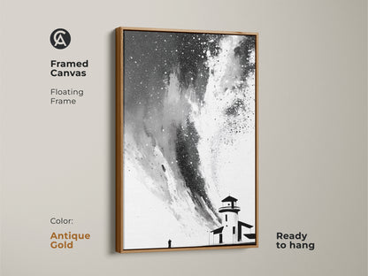 Framed canvas featuring black white abstract lighthouse art. Floating frame in antique gold offers a touch of elegance. Ready to hang this minimalist starry sky canvas adds style. It is ideal for home office abstract decor.