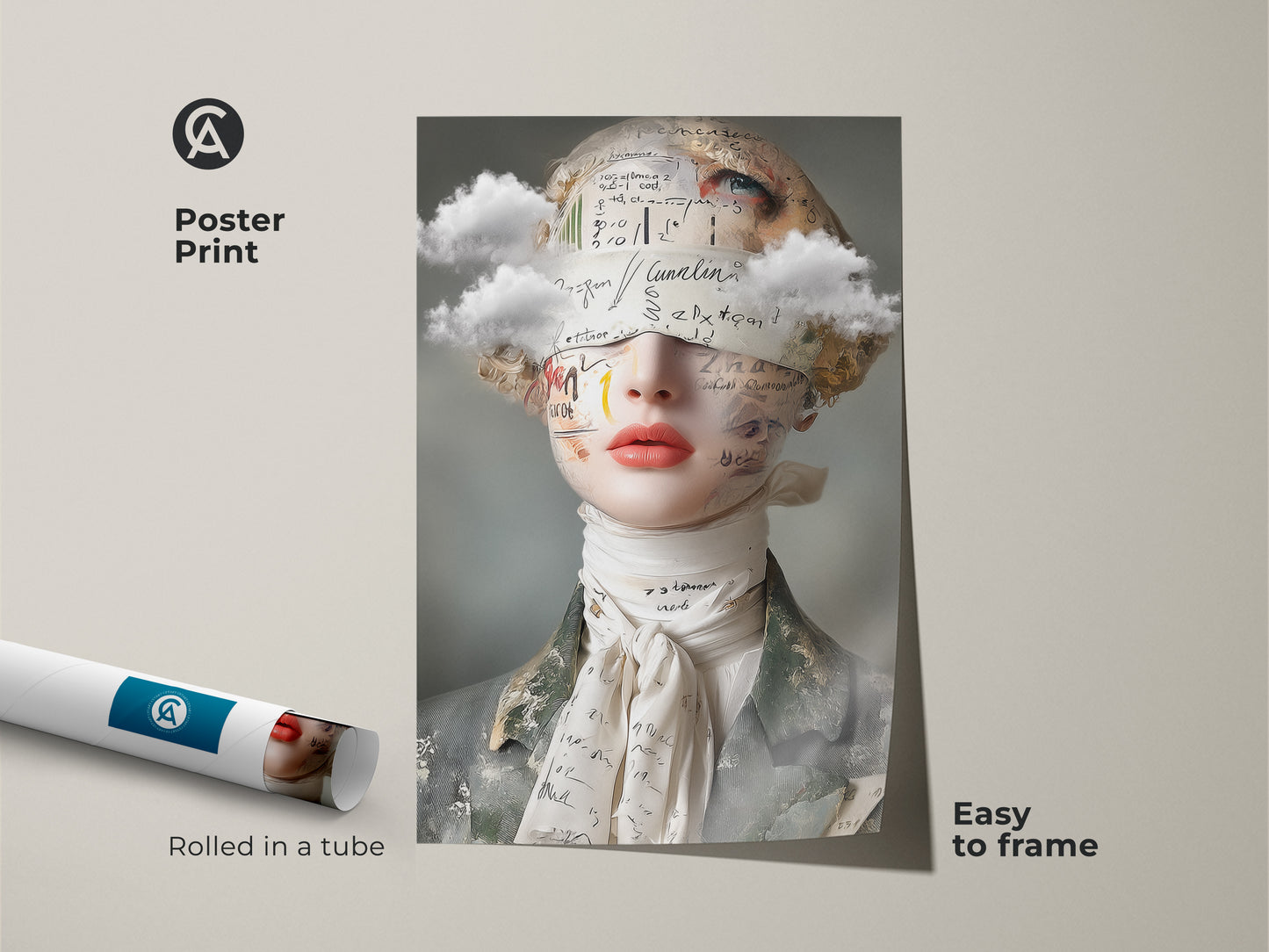 Poster print showcasing surreal woman art. This unique collage artwork combines clouds & handwritten text. Eclectic decor is easy to frame. An artistic female portrait for surrealism enthusiasts. Peach gray art gift.