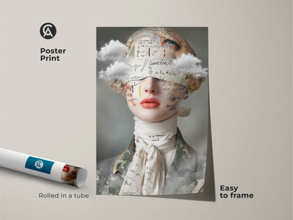 Poster print showcasing surreal woman art. This unique collage artwork combines clouds & handwritten text. Eclectic decor is easy to frame. An artistic female portrait for surrealism enthusiasts. Peach gray art gift.
