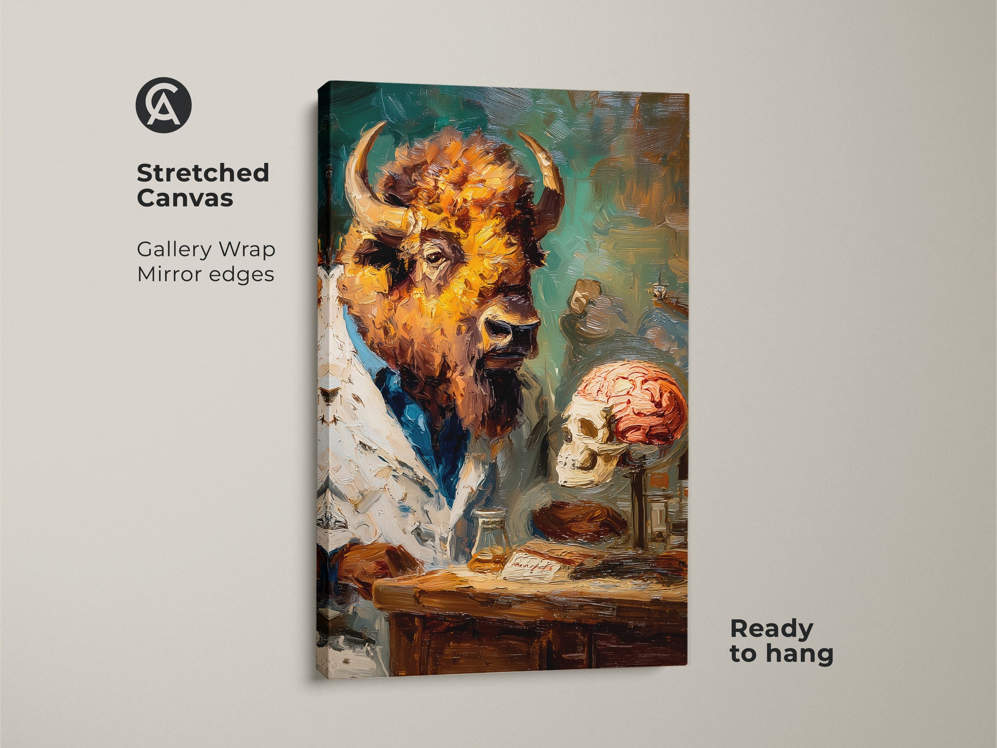 A captivating artwork shows a bison head scientist wearing a lab coat. The animal is placed next to a human skull with a brain. It is an oil painting style on stretched canvas. The artwork is ready to hang.