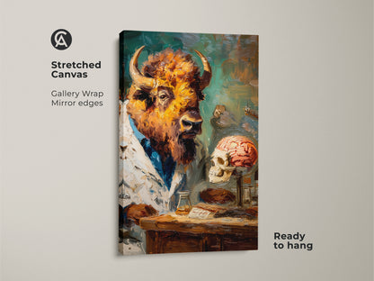 A captivating artwork shows a bison head scientist wearing a lab coat. The animal is placed next to a human skull with a brain. It is an oil painting style on stretched canvas. The artwork is ready to hang.