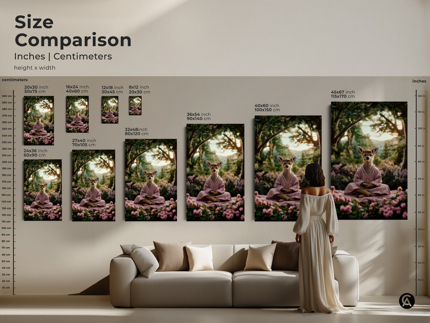 See the size comparison of the zen deer art. Height and width options are in inches and centimeters. The artwork is available in multiple sizes. It is serene meditation scene. It can be boho nature decor.