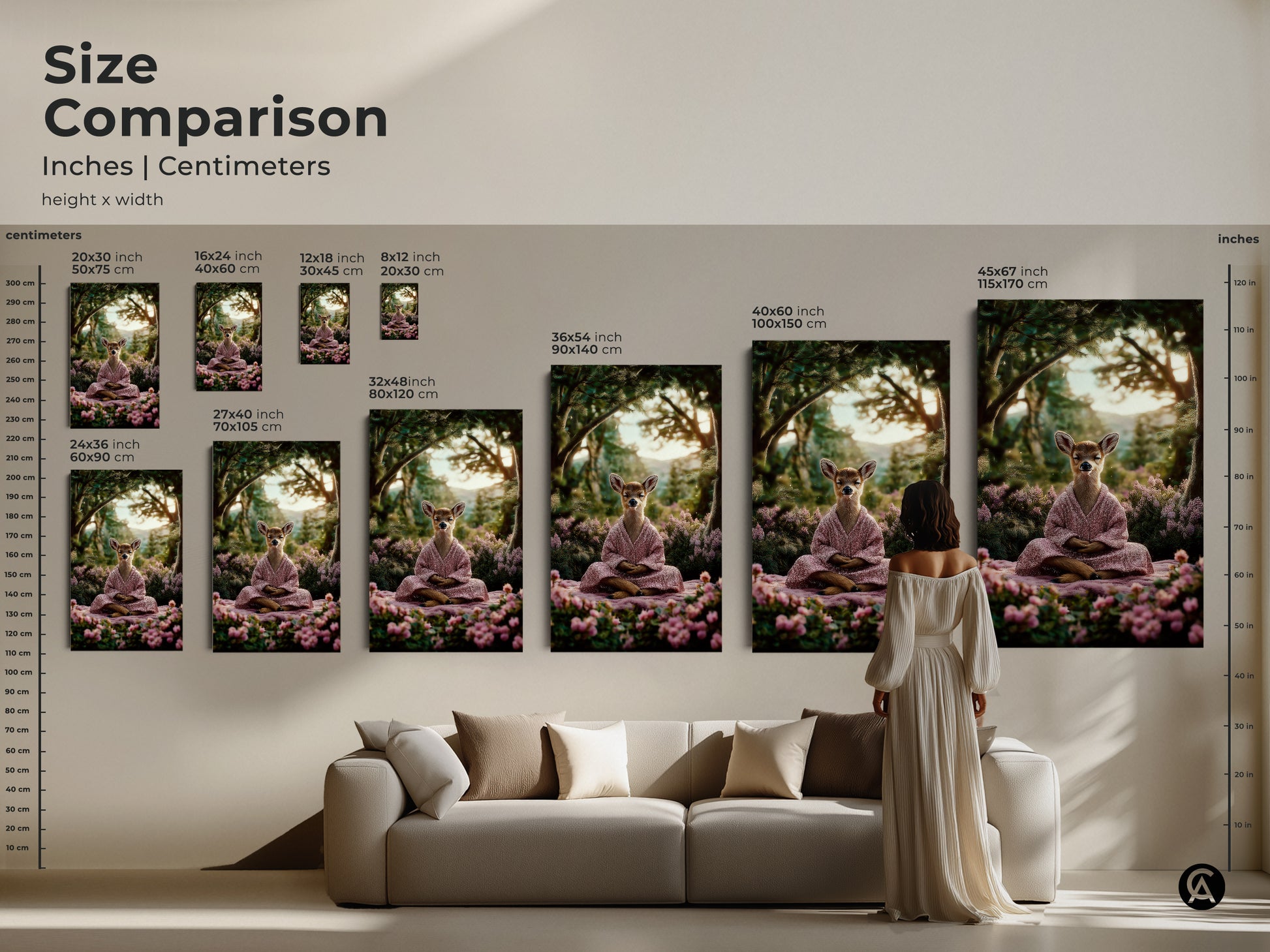 See the size comparison of the zen deer art. Height and width options are in inches and centimeters. The artwork is available in multiple sizes. It is serene meditation scene. It can be boho nature decor.