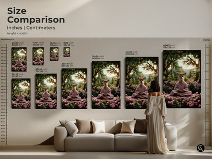 See the size comparison of the zen deer art. Height and width options are in inches and centimeters. The artwork is available in multiple sizes. It is serene meditation scene. It can be boho nature decor.
