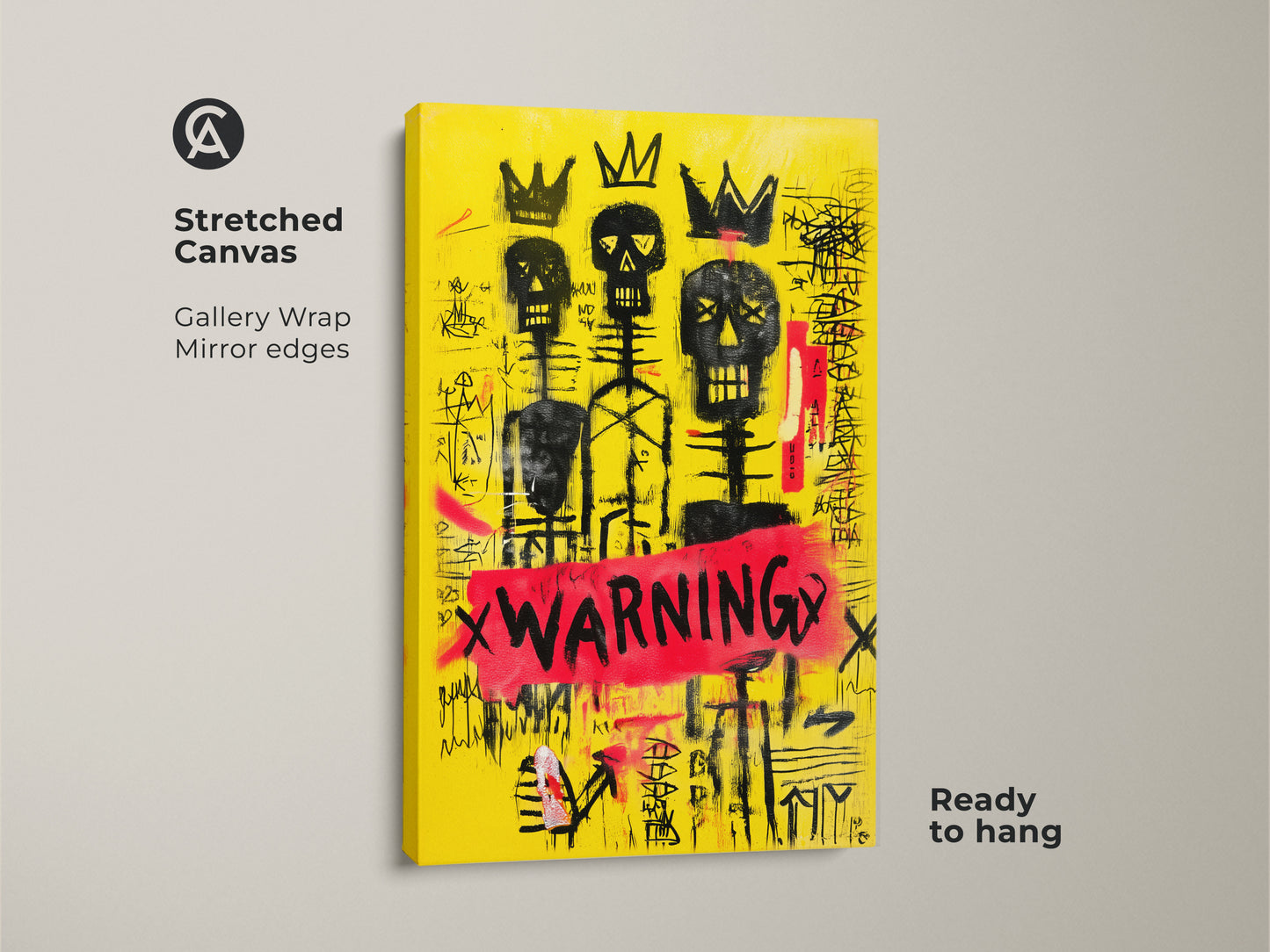 Close up of a Stretched Canvas yellow skull wall art. This black crown canvas print is ready to hang. It is a graffiti skeleton art with abstract neo-expressionism. It will make an excellent eclectic home decor art.