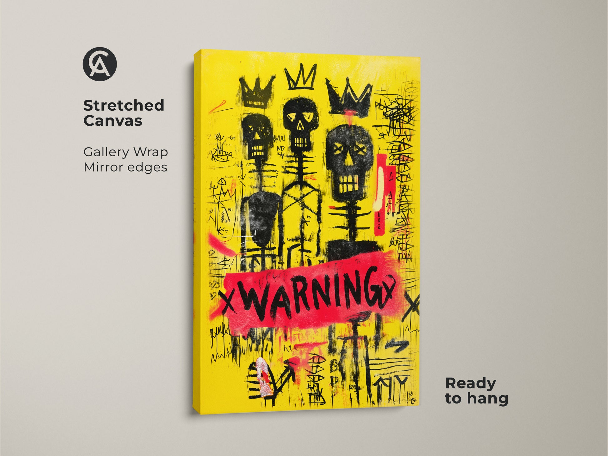 Close up of a Stretched Canvas yellow skull wall art. This black crown canvas print is ready to hang. It is a graffiti skeleton art with abstract neo-expressionism. It will make an excellent eclectic home decor art.