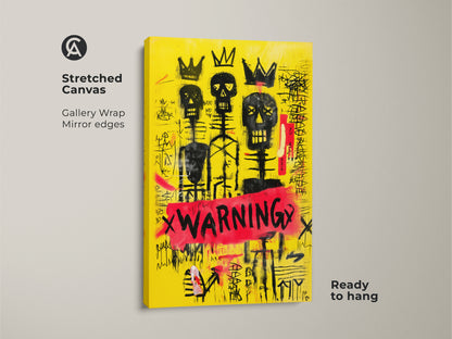 Close up of a Stretched Canvas yellow skull wall art. This black crown canvas print is ready to hang. It is a graffiti skeleton art with abstract neo-expressionism. It will make an excellent eclectic home decor art.