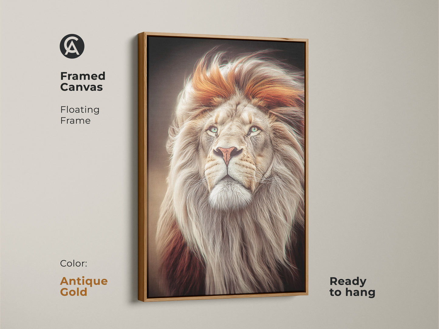 Framed canvas of the lion artwork with an antique gold floating frame. This modern office wall decor is ready to hang. The photorealistic lion canvas embodies the king of jungle. The majestic lion artwork is a great choice for those who love fine animal portraits.