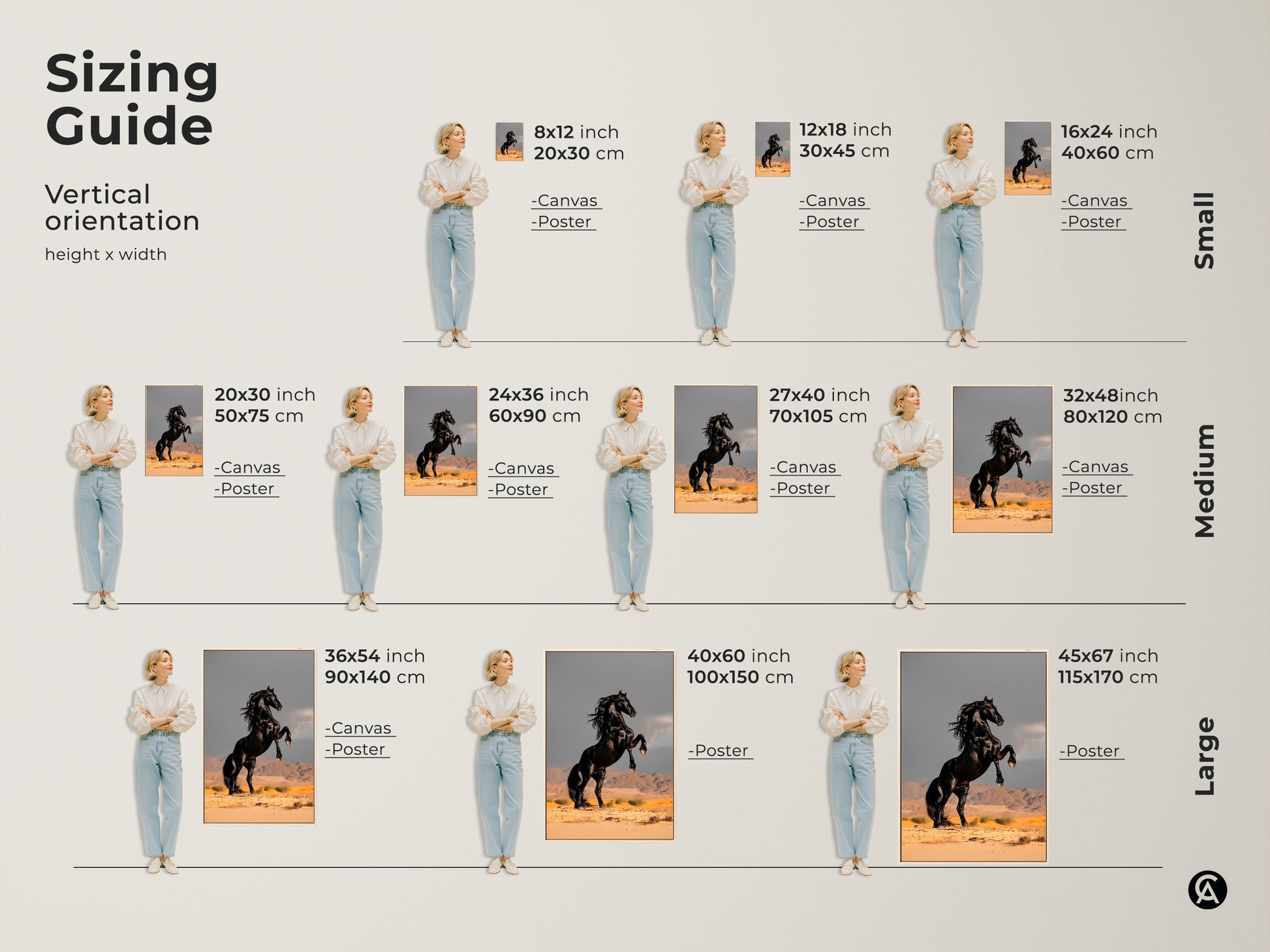 Sizing guide for black stallion canvas art. Vertical orientation options include small medium and large. Perfect wildlife photography wall art for bedroom or office. Choose the ideal size for your space. A great equestrian home decor or horse lover gift.