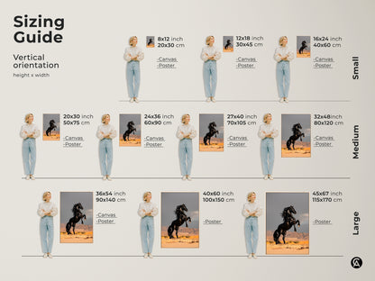 Sizing guide for black stallion canvas art. Vertical orientation options include small medium and large. Perfect wildlife photography wall art for bedroom or office. Choose the ideal size for your space. A great equestrian home decor or horse lover gift.