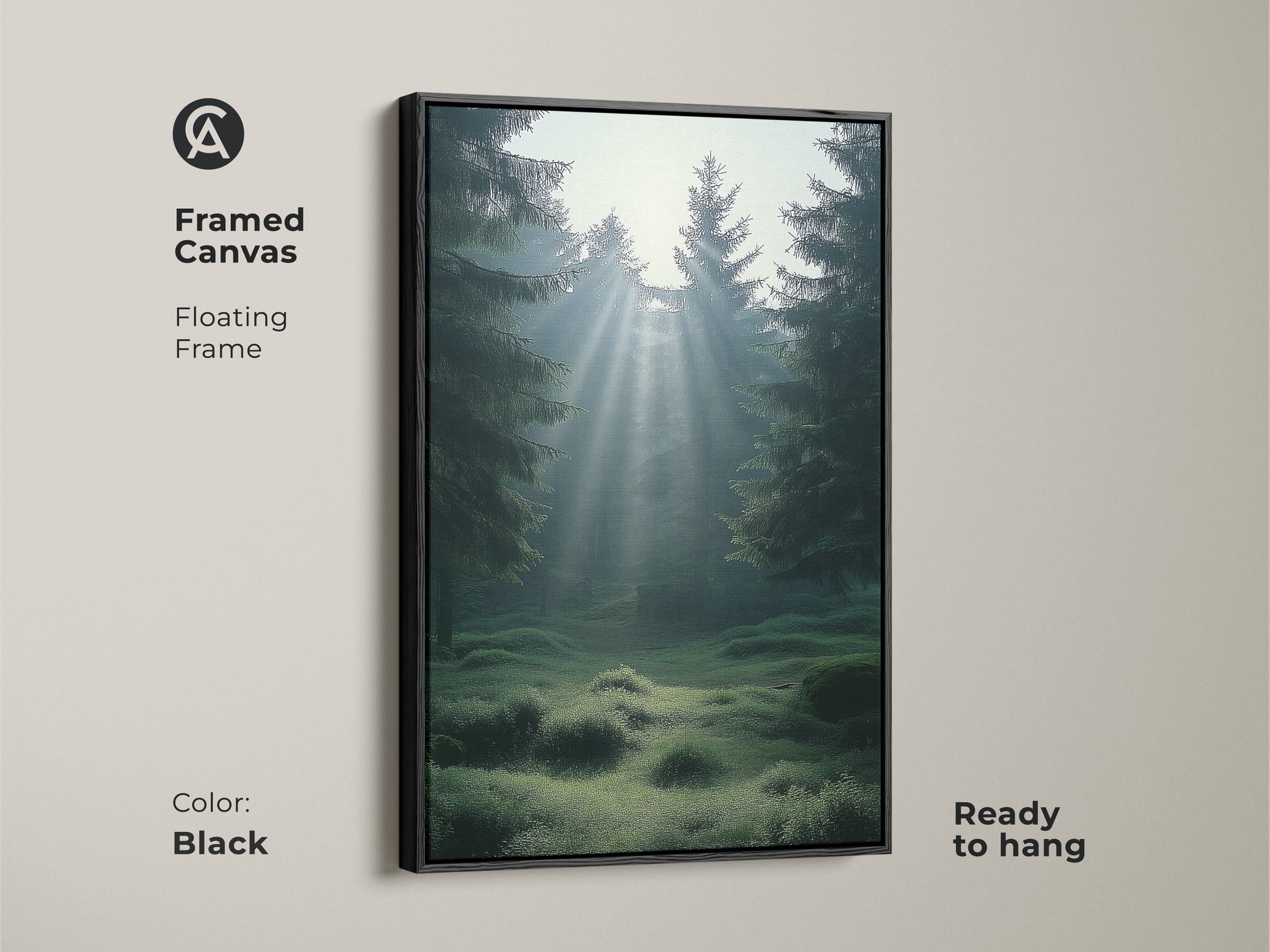 Black framed canvas featuring misty emerald pine trees and sunbeams. Ready to hang. This Scandinavian landscape artwork adds a touch of nature to any room. A serene forest canvas perfect for calm bedroom wall art.