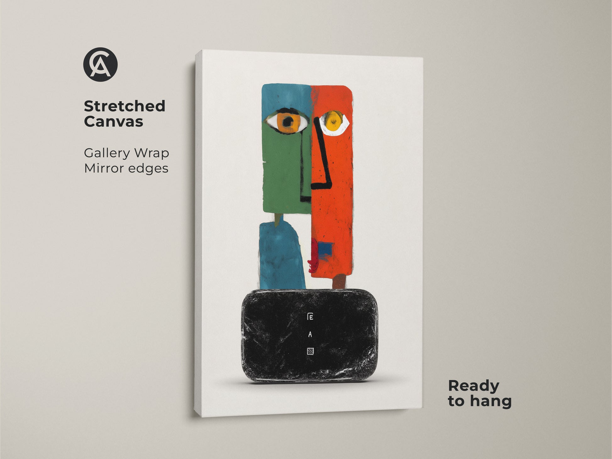 Stretched canvas print of modern abstract face artwork. A surreal figurative artwork with orange green and teal colors. This eclectic wall decor print uses a geometric abstract to create a unique piece. Add to a bedroom or living room for a contemporary wall art feel. The gallery wrap has mirrored edges ready to hang.