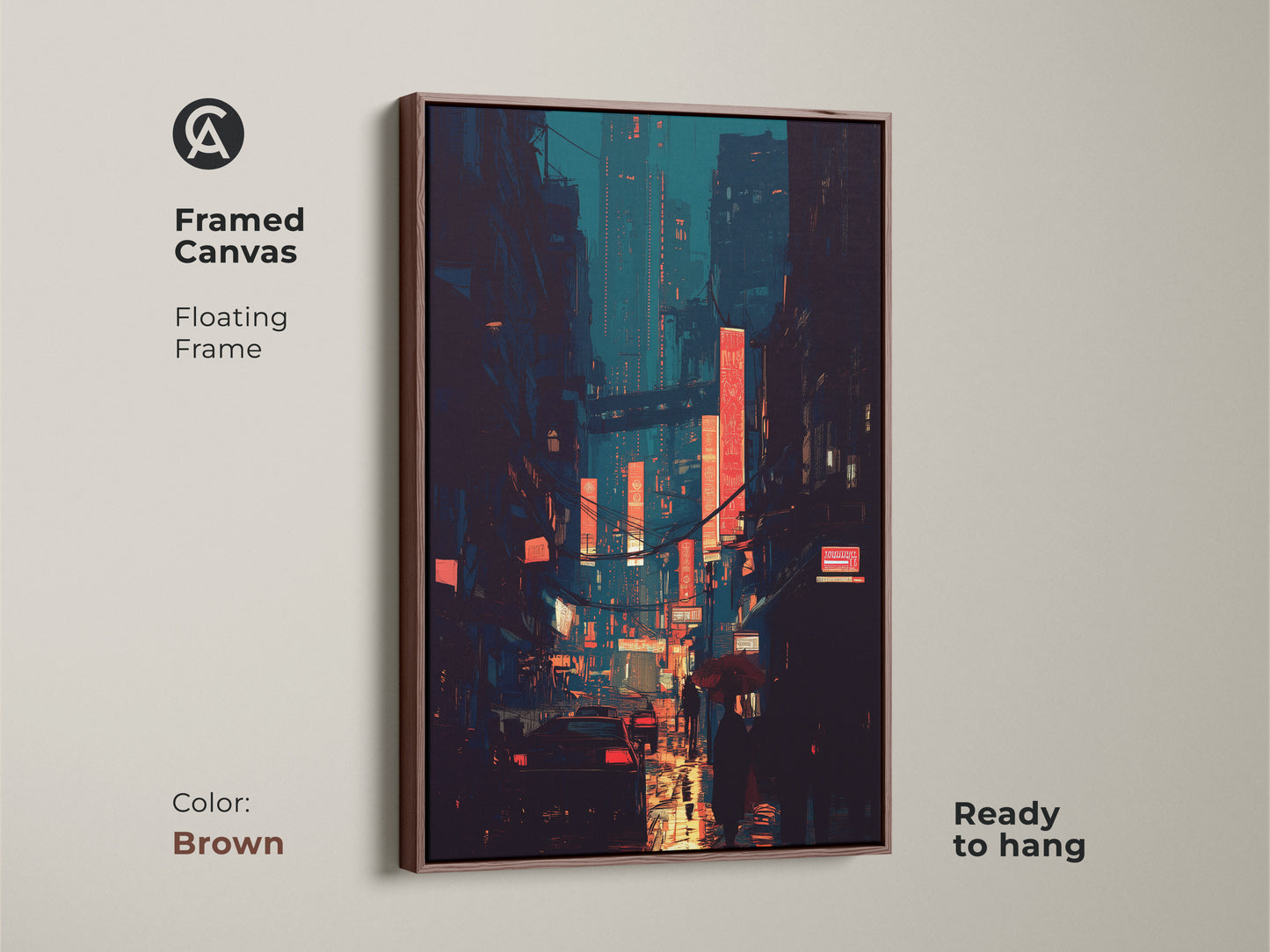 This framed canvas art features a futuristic neon city print with a brown floating frame. The teal and orange skyscraper art complements the dark blue cityscape. Ready to hang this digital art is a great housewarming gift. Perfect for contemporary office decor.