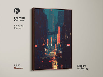 This framed canvas art features a futuristic neon city print with a brown floating frame. The teal and orange skyscraper art complements the dark blue cityscape. Ready to hang this digital art is a great housewarming gift. Perfect for contemporary office decor.