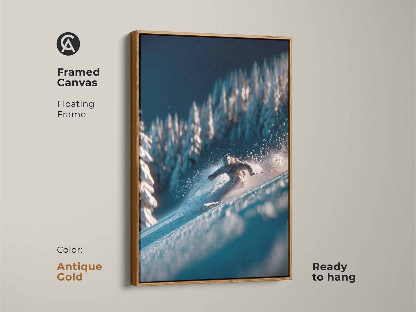 Accentuate your style with this antique gold framed canvas artwork. The skier's journey through the snow is beautifully captured. The floating frame adds a touch of vintage charm. This ready-to-hang piece enhances any decor.