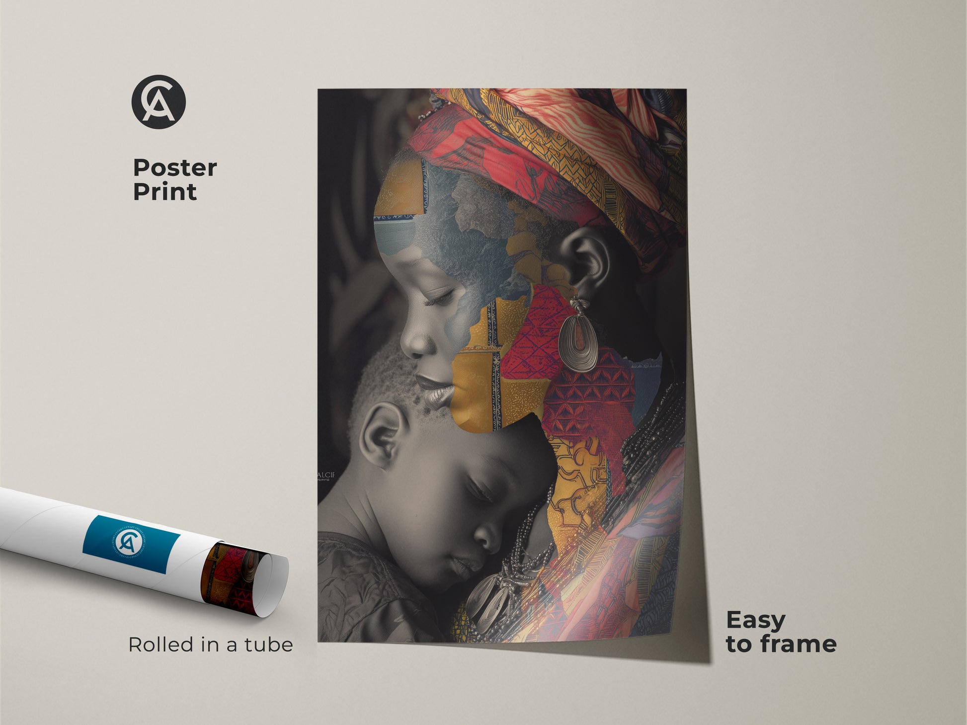 Poster print of a cultural collage featuring an African Mother and Child. The red gold and blue artwork is rolled in a tube for easy framing. An eclectic home decor print makes a unique family portrait or a thoughtful gift.