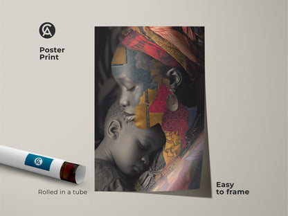 Poster print of a cultural collage featuring an African Mother and Child. The red gold and blue artwork is rolled in a tube for easy framing. An eclectic home decor print makes a unique family portrait or a thoughtful gift.