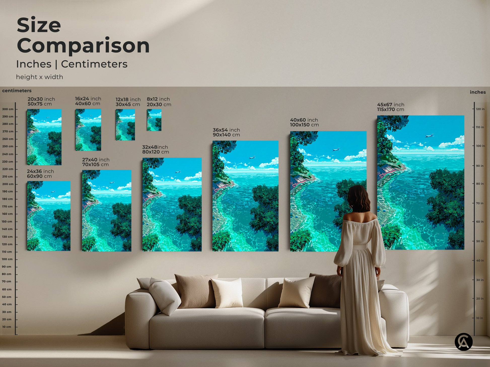 Size comparison of pixel art prints featuring a tropical ocean view. See how different sizes from small to extra-large transform a living space. This canvas or poster art brings a calming coastal vibe to any room. 