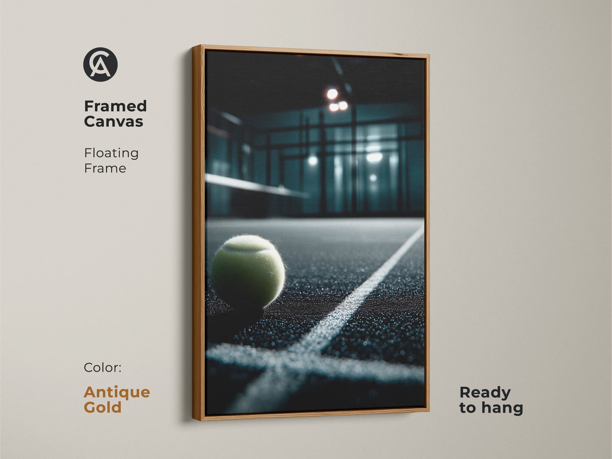 The antique gold framed canvas displays a padel tennis ball on the court. The floating frame adds a touch of elegance. Ready to hang this artwork enhances any room's decor. This unique piece is perfect for adding a sporty yet classy touch.