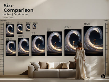 Size comparison of fantasy wall art prints. See how artwork featuring a child riding a light wave fits in various spaces. Available in multiple sizes measured in inches and centimeters. This gold sparkle abstract piece enhances any room. Find the perfect size to transform your living space today.